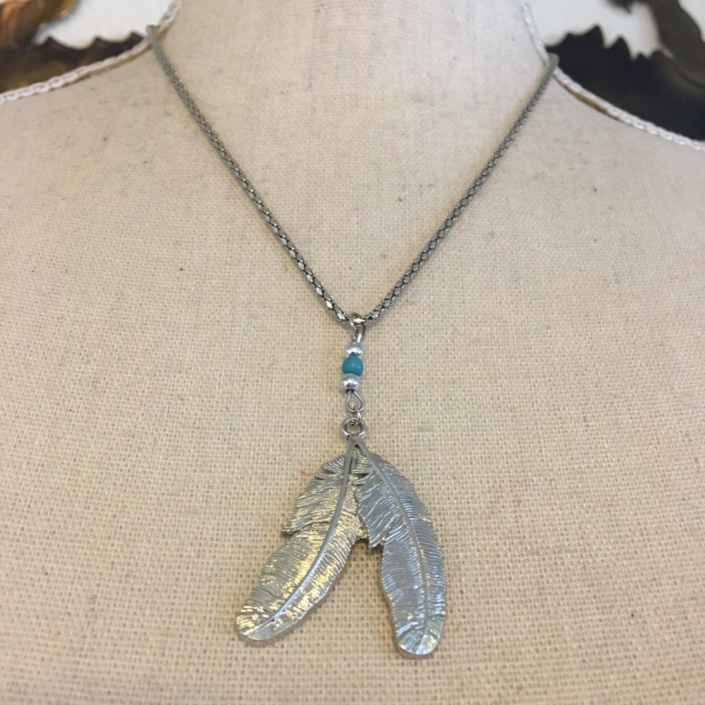 Southwest style silver feather turquoise necklace